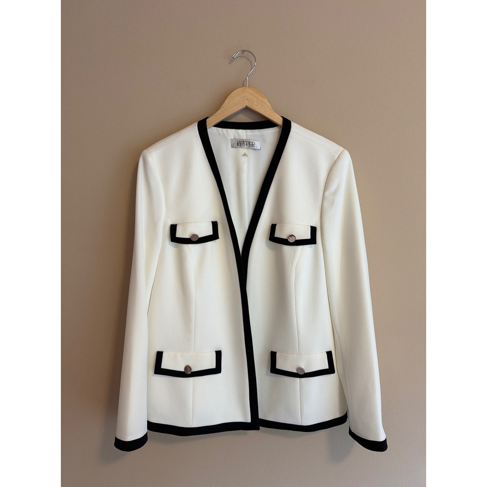 Kasper Womens Ivory Black Contrast Trim Open Front Blazer Jacket Gold Button XL
